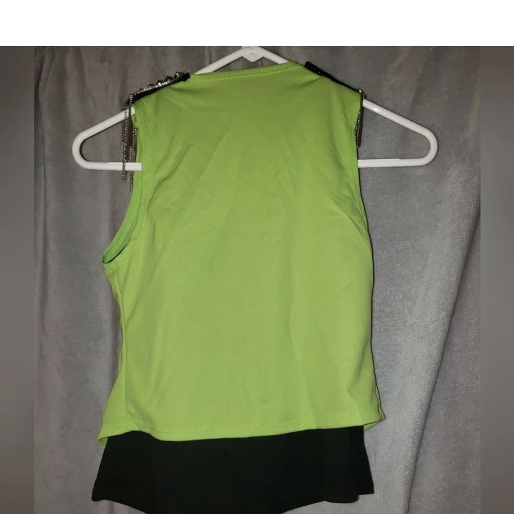 Jazz Tap Hip hop Dance Costume, Green, Black, Brown 2 piece, Large Child